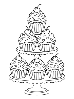 A sweet tiered stand in this gel pen coloring page filled with cupcakes topped with cherries and sprinkles.