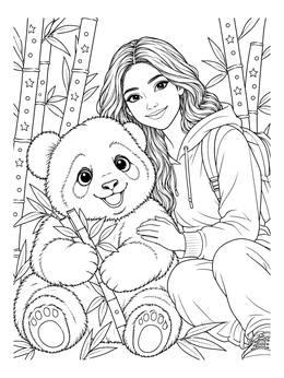 A smiling girl poses with a cute cub in this gel pen coloring page.