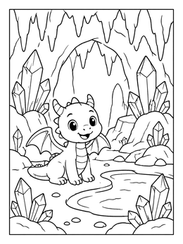 Free printable Cute Baby Dragon In Crystal Cave coloring page