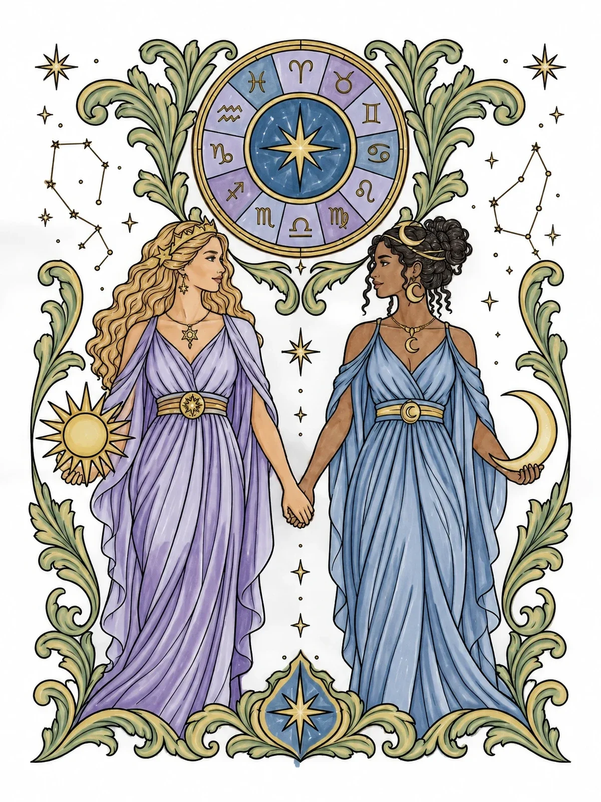 Colored example of the Celestial Gemini Twins And Horoscope Wheel coloring page