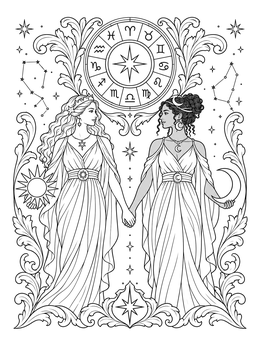 Two celestial maidens hold hands in this Gemini coloring page with zodiac details.