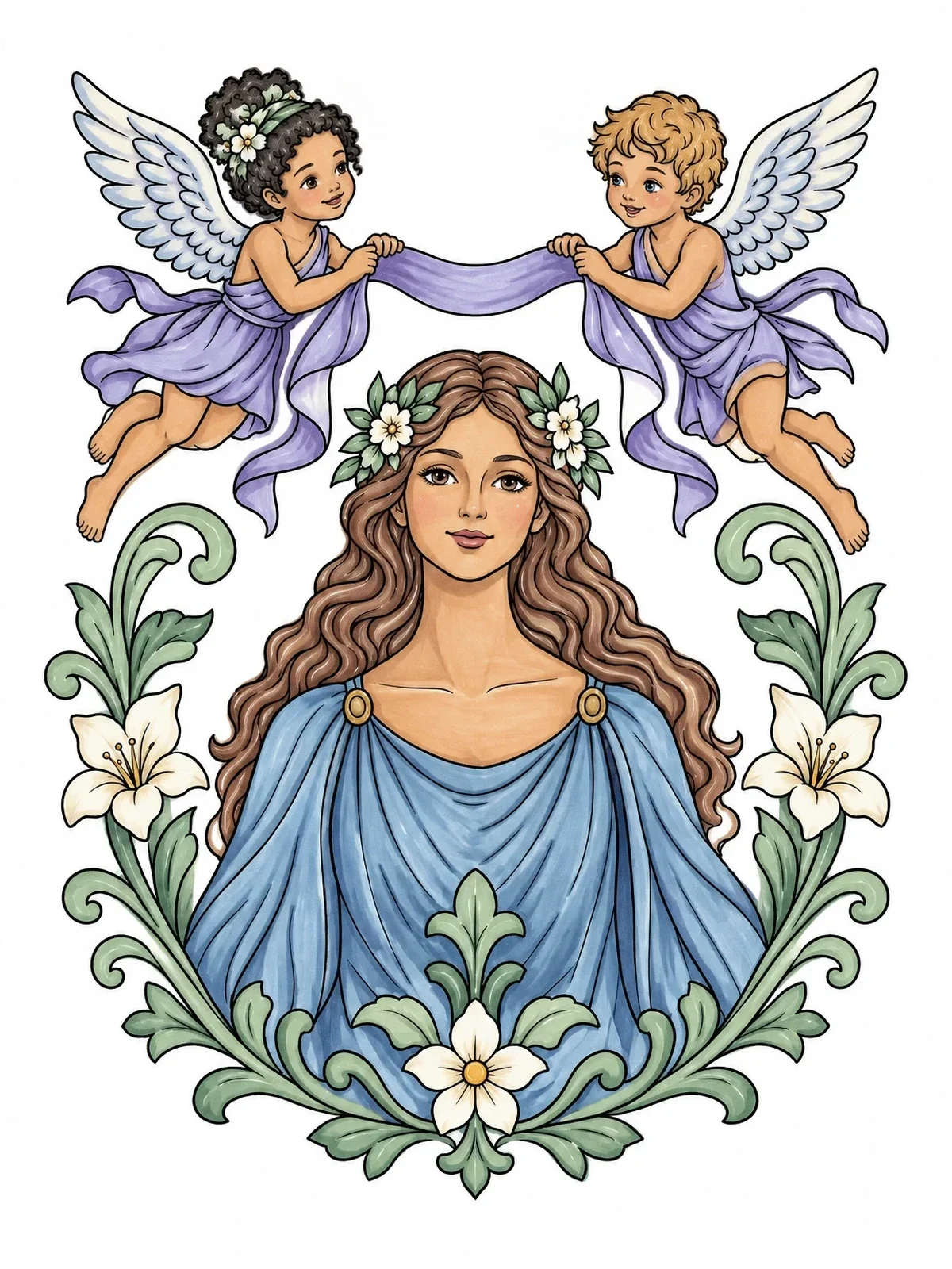 Colored example of the Gemini Goddess And Twin Cherubs coloring page