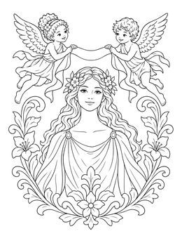 A serene woman flanked by twin cherubs on this gemini coloring page.