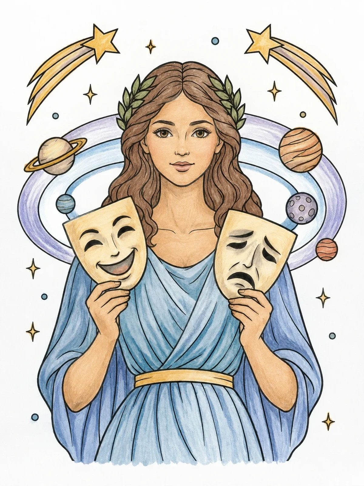 Colored example of the Gemini Maiden With Theater Masks coloring page