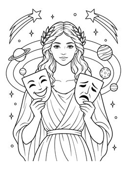 A celestial gemini coloring page featuring a maiden holding comedy and tragedy masks among orbiting planets.