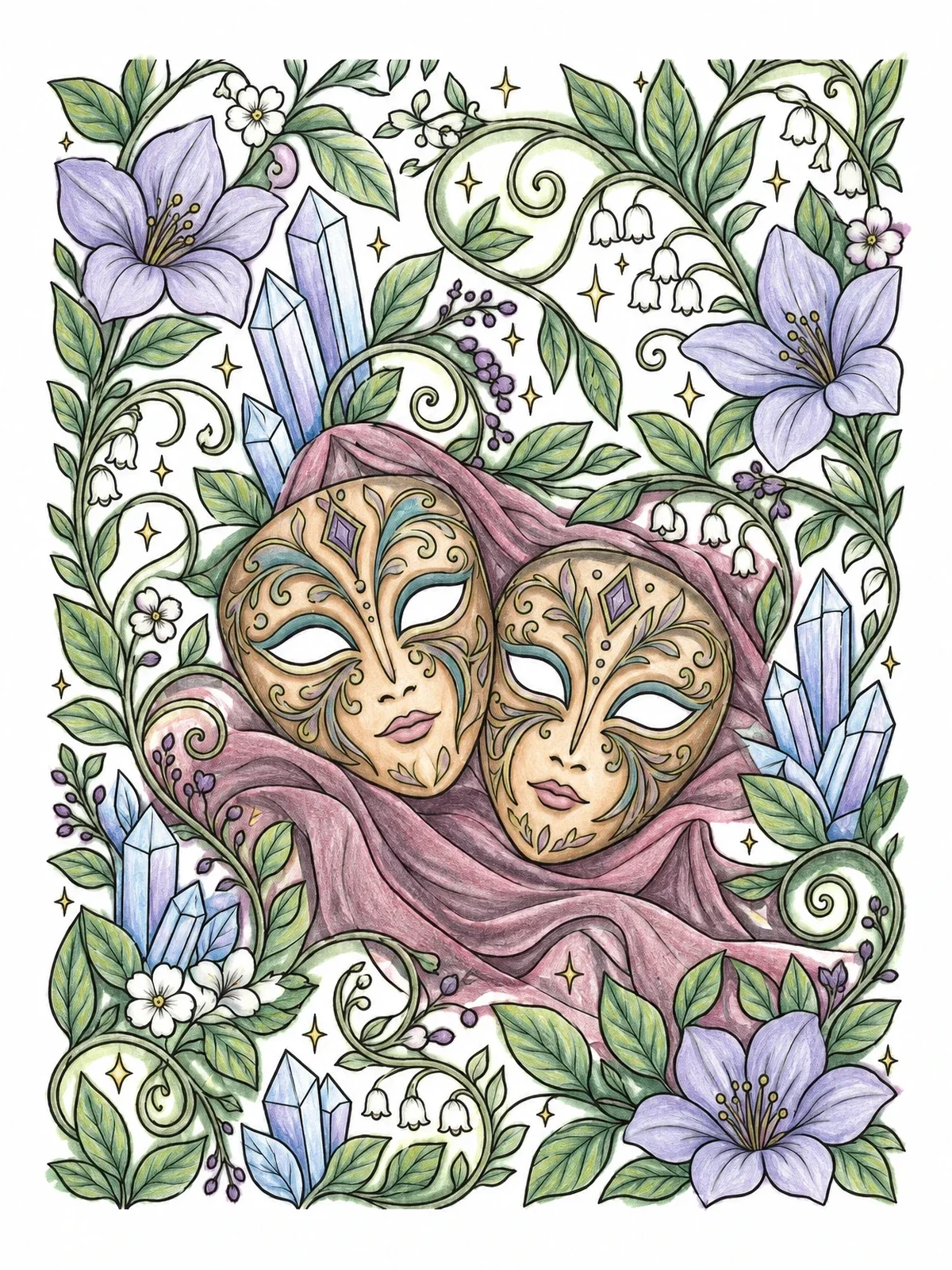 Colored example of the Gemini Masks And Floral Vines coloring page
