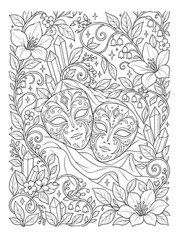 Intricate twin masks and crystal clusters on this gemini coloring page surrounded by blooms.