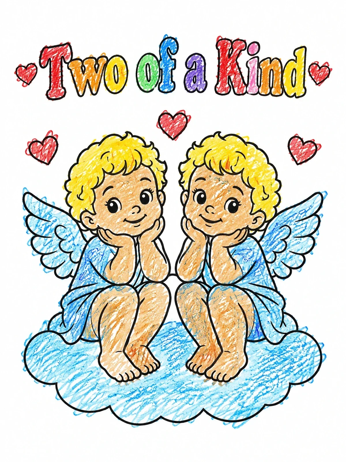 Colored example of the Cute Twin Cherubs On A Cloud coloring page