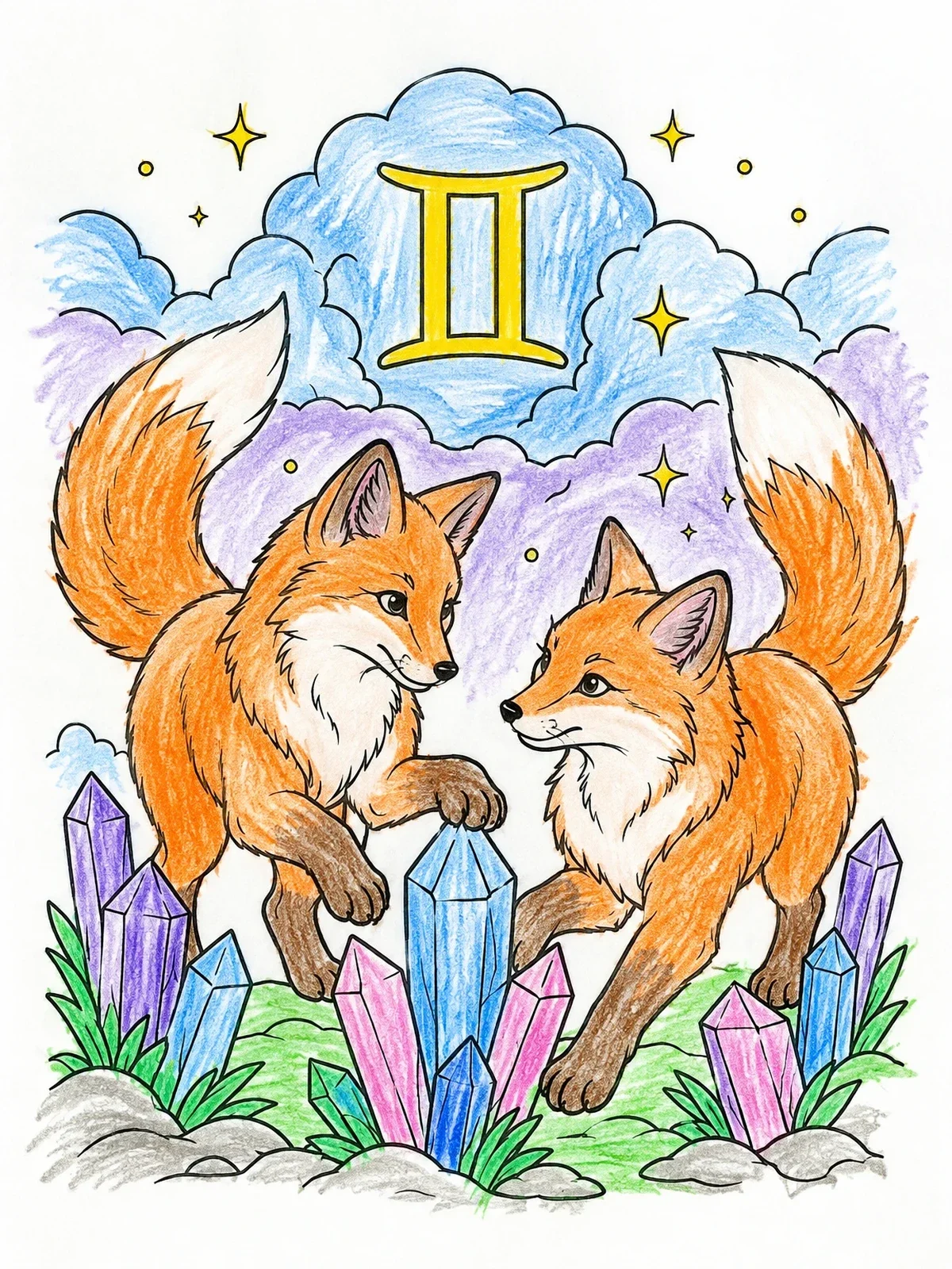 Colored example of the Gemini Twin Foxes And Crystals coloring page