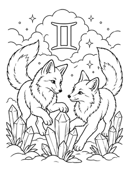 Two playful twin foxes surrounded by crystals under a Gemini symbol in this gemini coloring page.