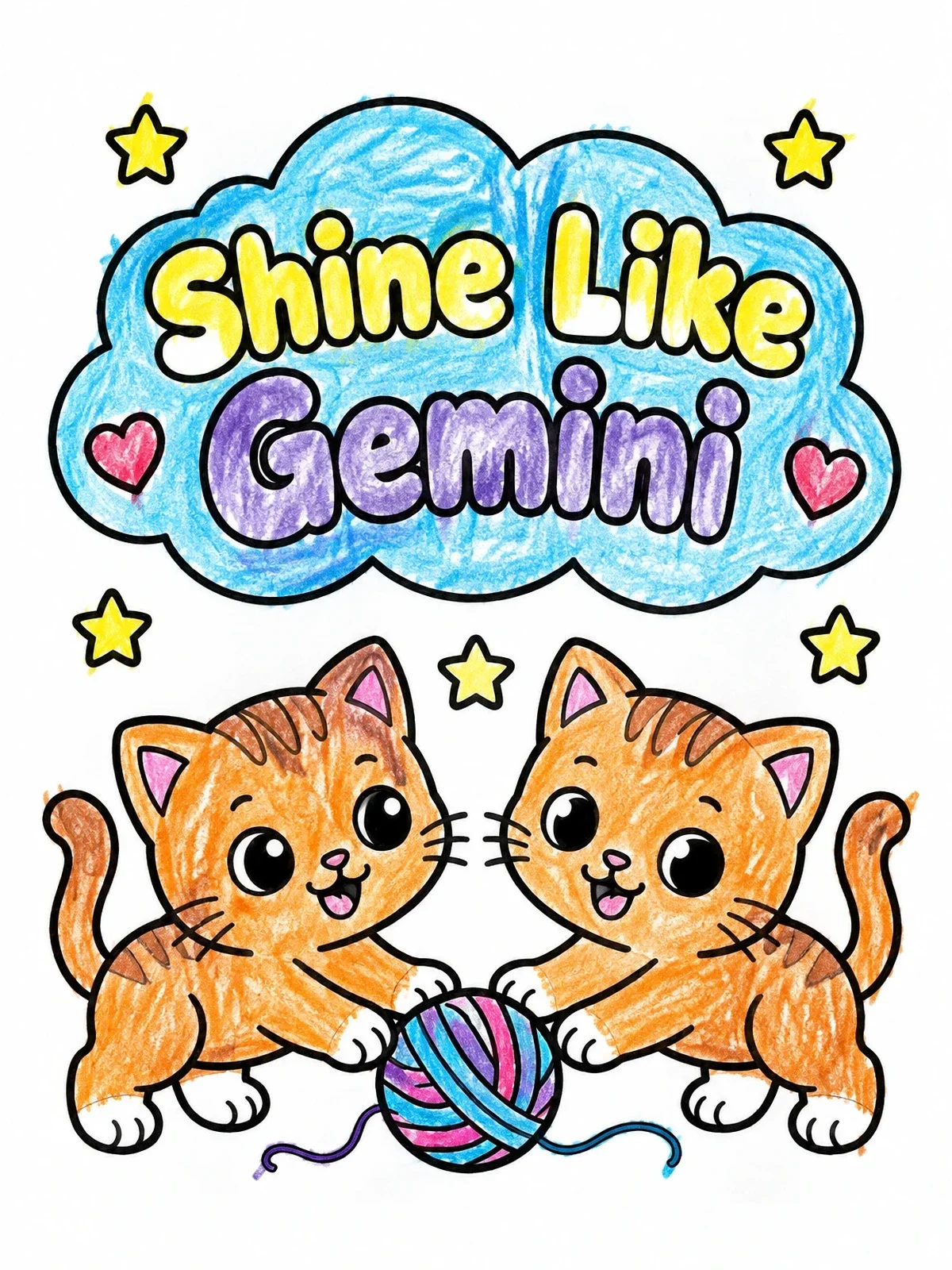 Colored example of the Playful Gemini Twin Kittens coloring page