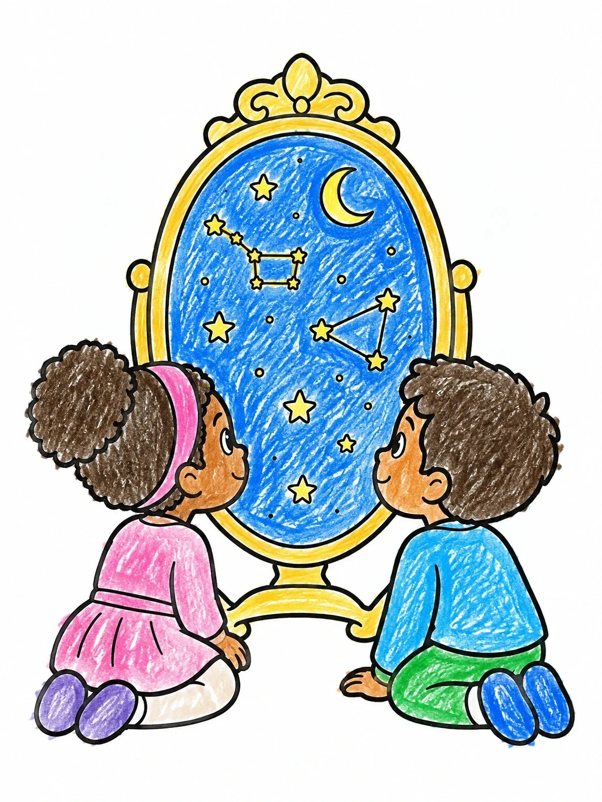 Colored example of the Twins Gazing Into Constellation Mirror coloring page