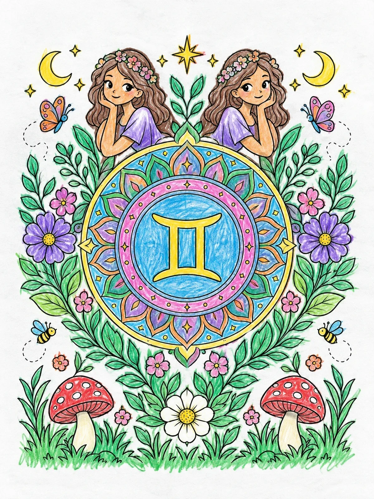 Colored example of the Gemini Zodiac Sign With Twins And Mandala coloring page