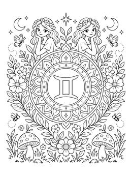Free printable Gemini Zodiac Sign With Twins And Mandala coloring page