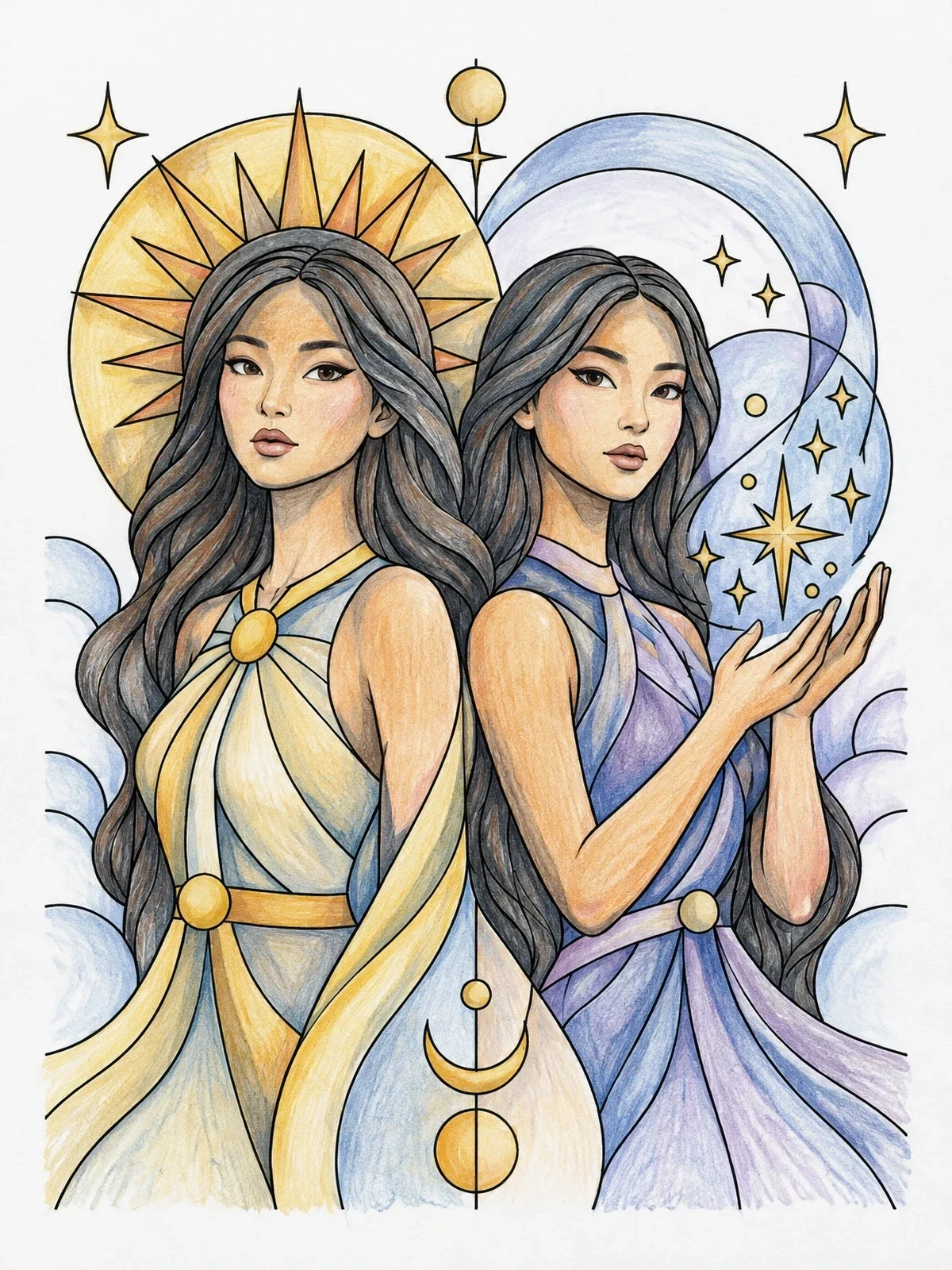 Colored example of the Celestial Gemini Goddess Twins coloring page