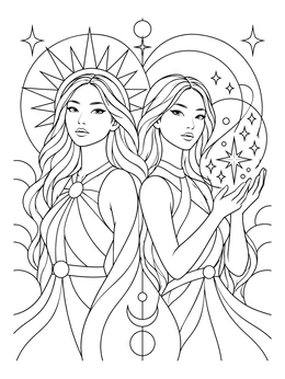 Celestial twin sisters feature in this elegant gemini coloring page surrounded by stars and sunbursts.