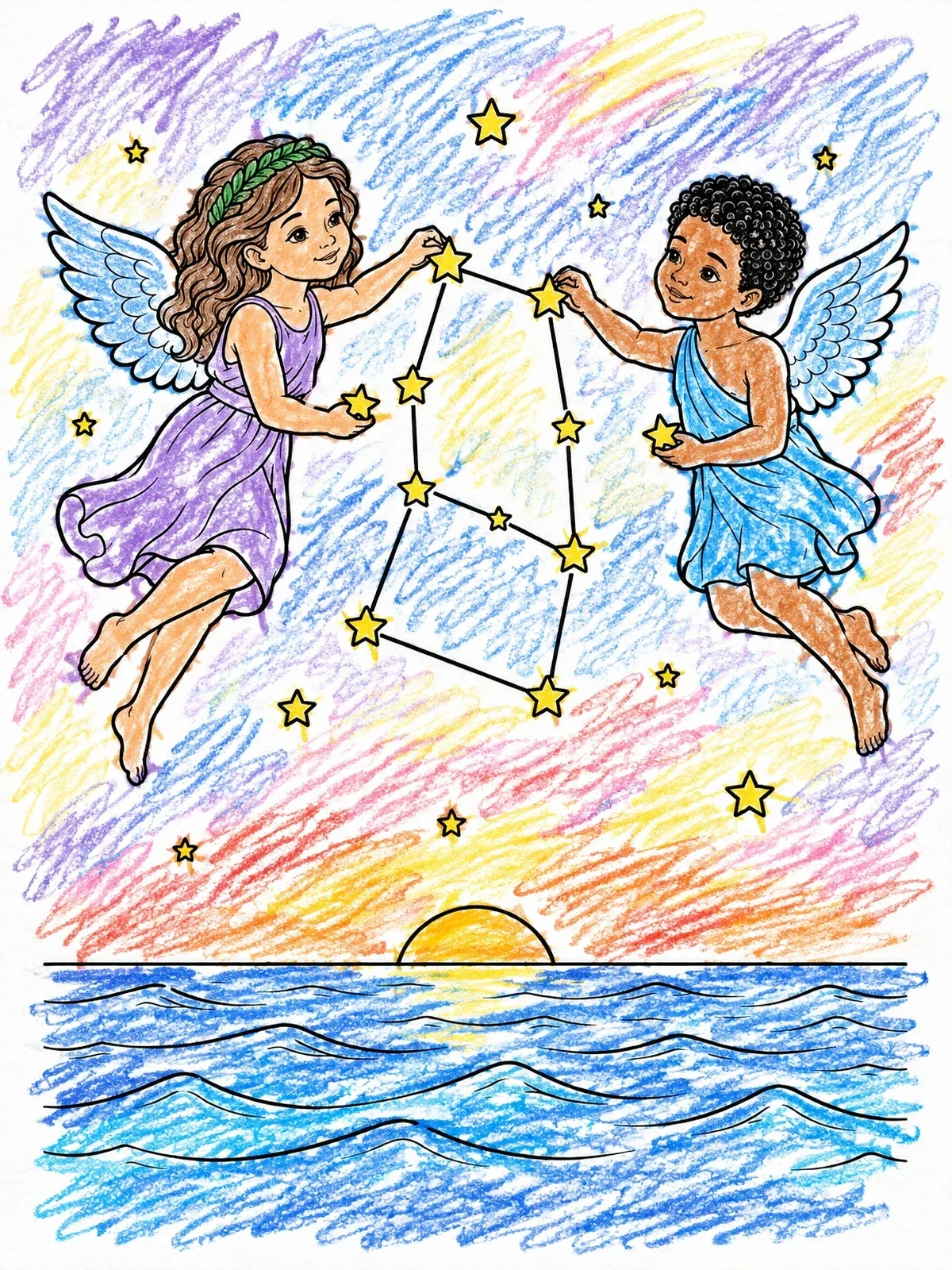 Colored example of the Gemini Zodiac Cherub Twins coloring page