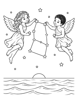 Two winged cherubs create a constellation in this gemini coloring page above calm ocean waves.