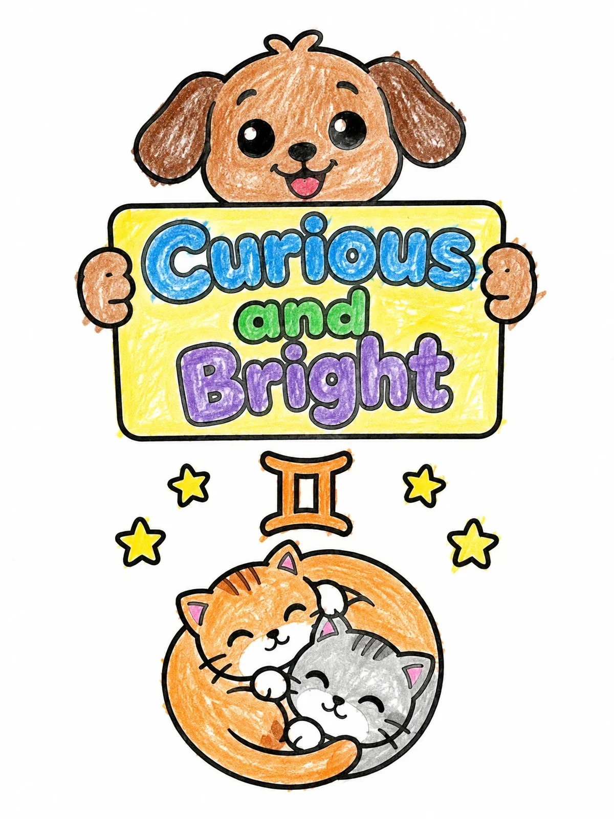 Colored example of the Gemini Zodiac Kittens And Puppy Sign coloring page