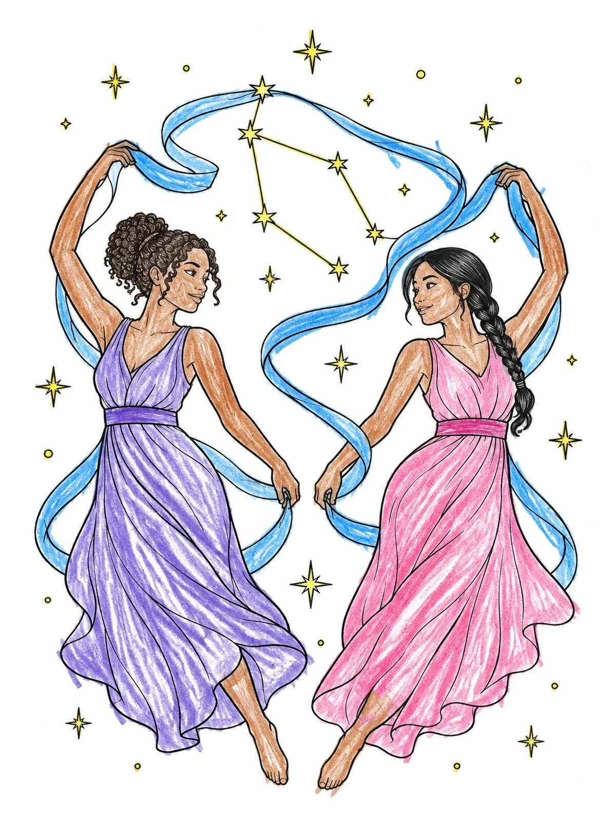Colored example of the Gemini Zodiac Twin Dancers coloring page
