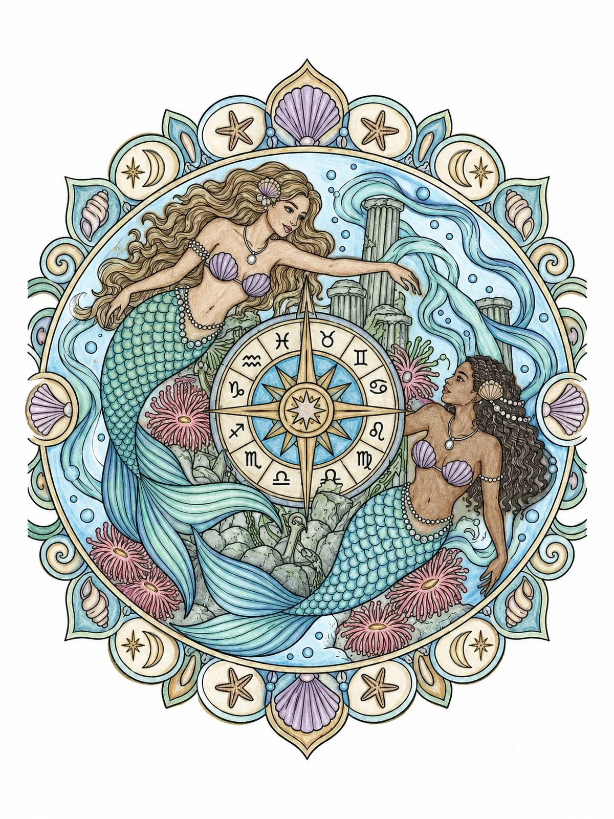 Colored example of the Gemini Zodiac Twin Mermaids Mandala coloring page