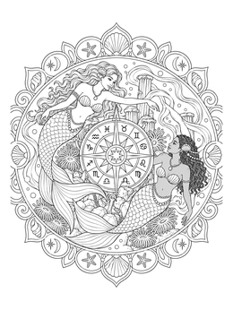 A detailed gemini coloring page featuring twin mermaids swimming around an underwater zodiac compass.
