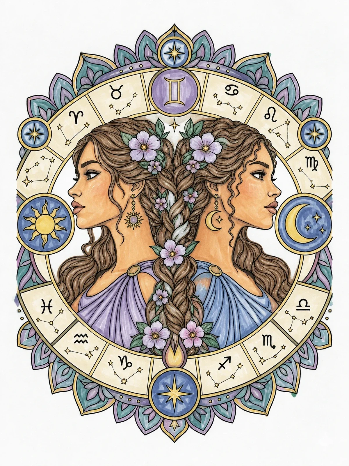 Colored example of the Gemini Zodiac Twin Sisters Mandala coloring page