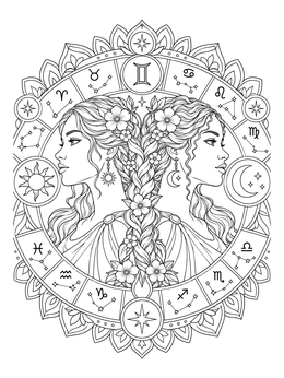 Detailed gemini coloring page featuring twin sisters framed by an intricate astrological zodiac wheel.