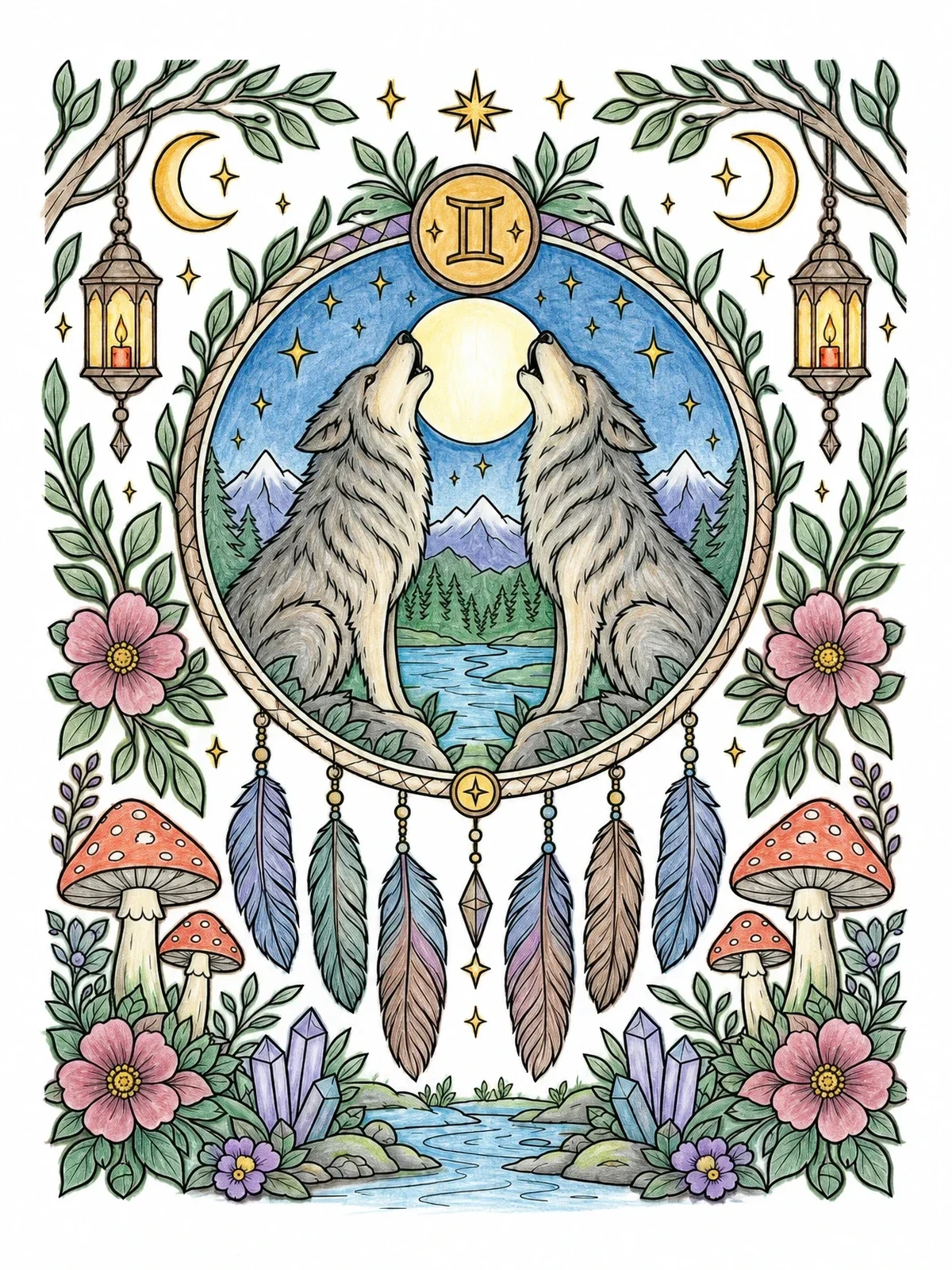Colored example of the Twin Wolves Gemini Zodiac Emblem coloring page