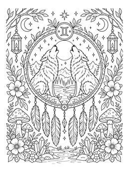 Two howling wolves sit inside a frame on this gemini coloring page surrounded by mushrooms and crystals.