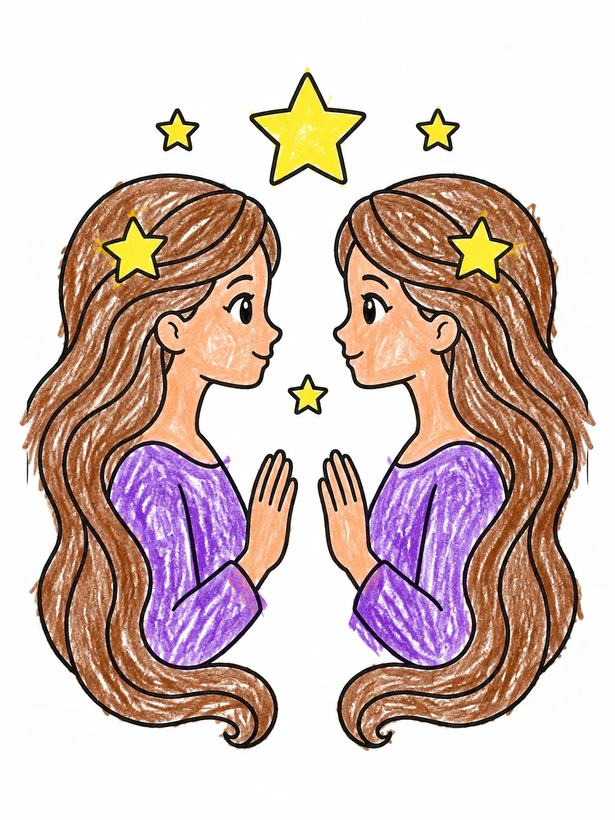 Colored example of the Twin Girls With Celestial Stars coloring page