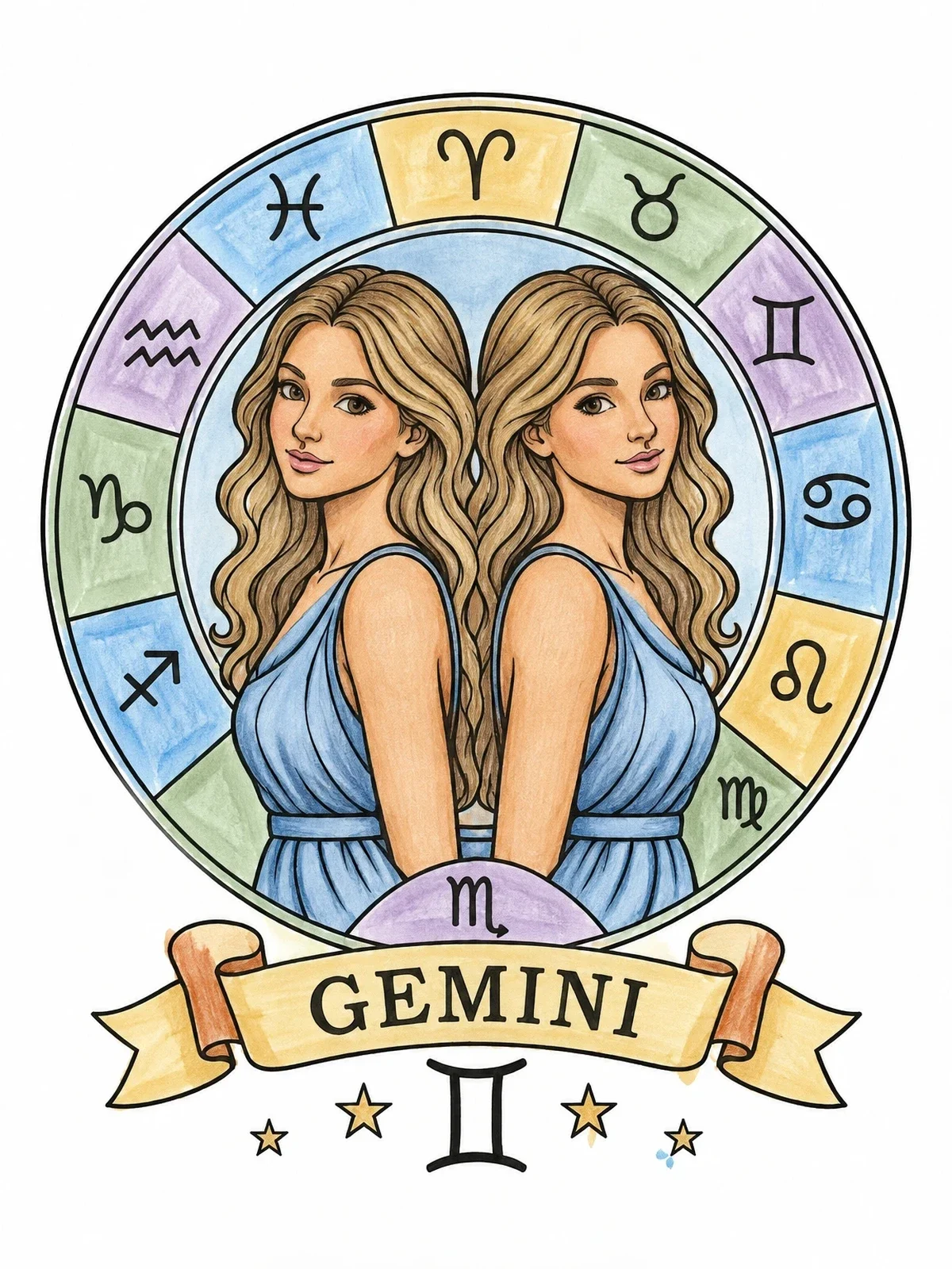 Colored example of the Gemini Zodiac Twins With Horoscope Wheel coloring page