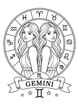 Free printable Gemini Zodiac Twins With Horoscope Wheel coloring page