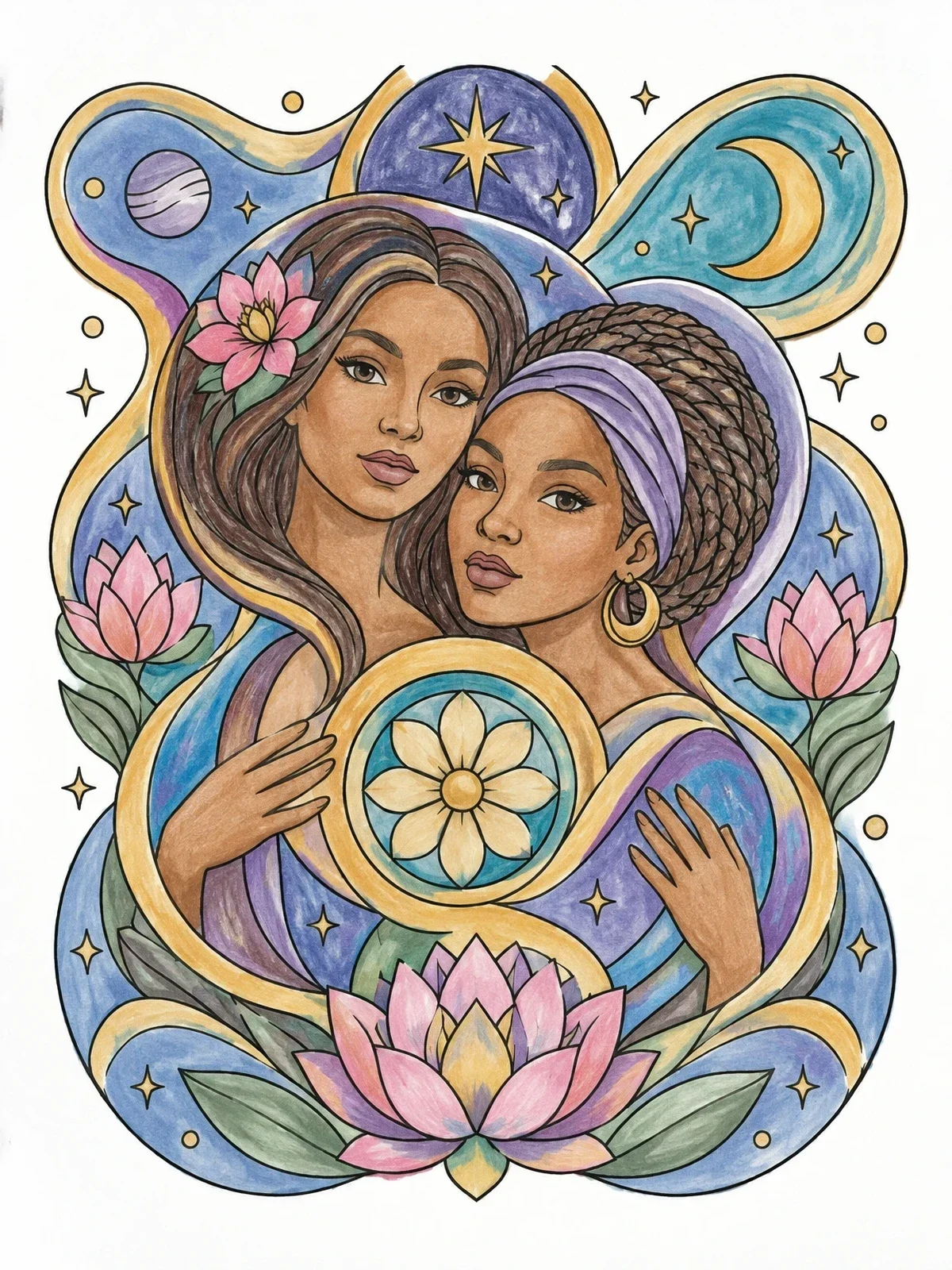 Colored example of the Celestial Gemini Zodiac Twin Portraits coloring page