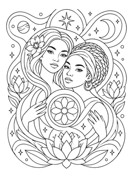 Two cosmic women framed by lotus flowers and stars on this gemini coloring page.
