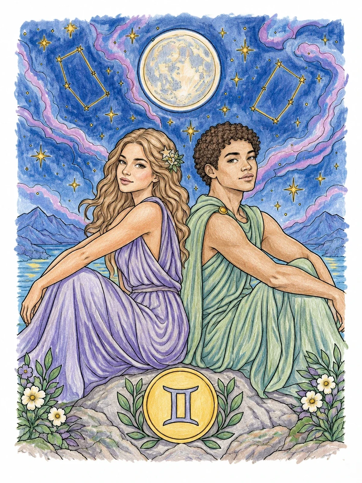 Colored example of the Gemini Zodiac Twins Under Night Sky coloring page