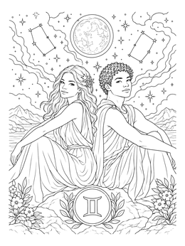 A detailed gemini coloring page featuring celestial twins beneath constellations and a full moon.