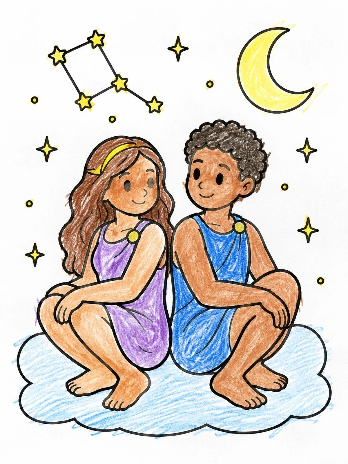Colored example of the Cute Gemini Zodiac Twins On A Cloud coloring page