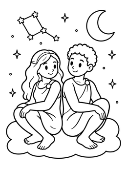 Free printable Cute Gemini Zodiac Twins On A Cloud coloring page