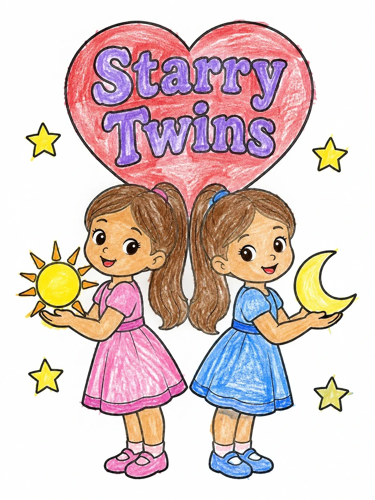 Colored example of the Cute Gemini Zodiac Twins With Sun And Moon coloring page