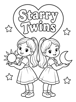 Free printable Cute Gemini Zodiac Twins With Sun And Moon coloring page