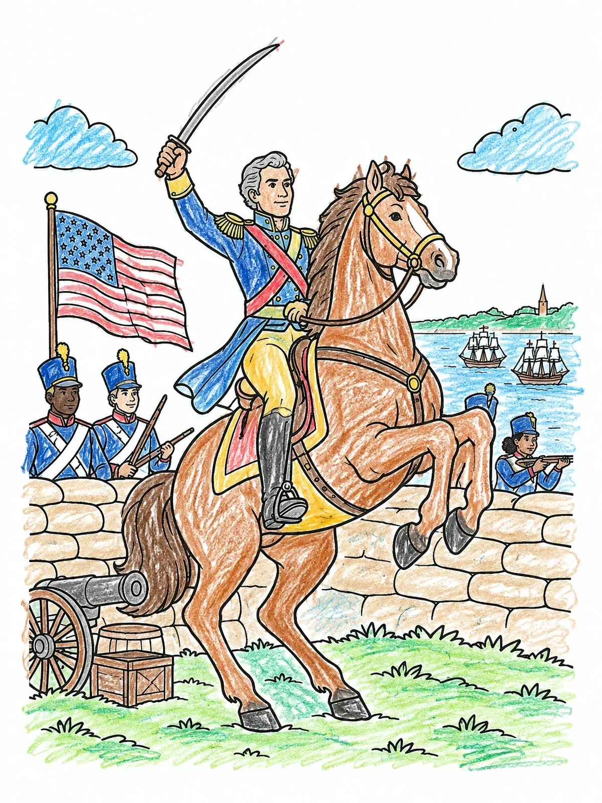 Colored example of the General Andrew Jackson On Horseback coloring page