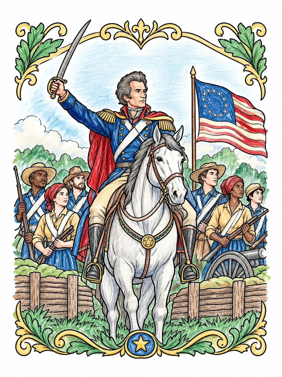 Colored example of the General Andrew Jackson On Horseback coloring page