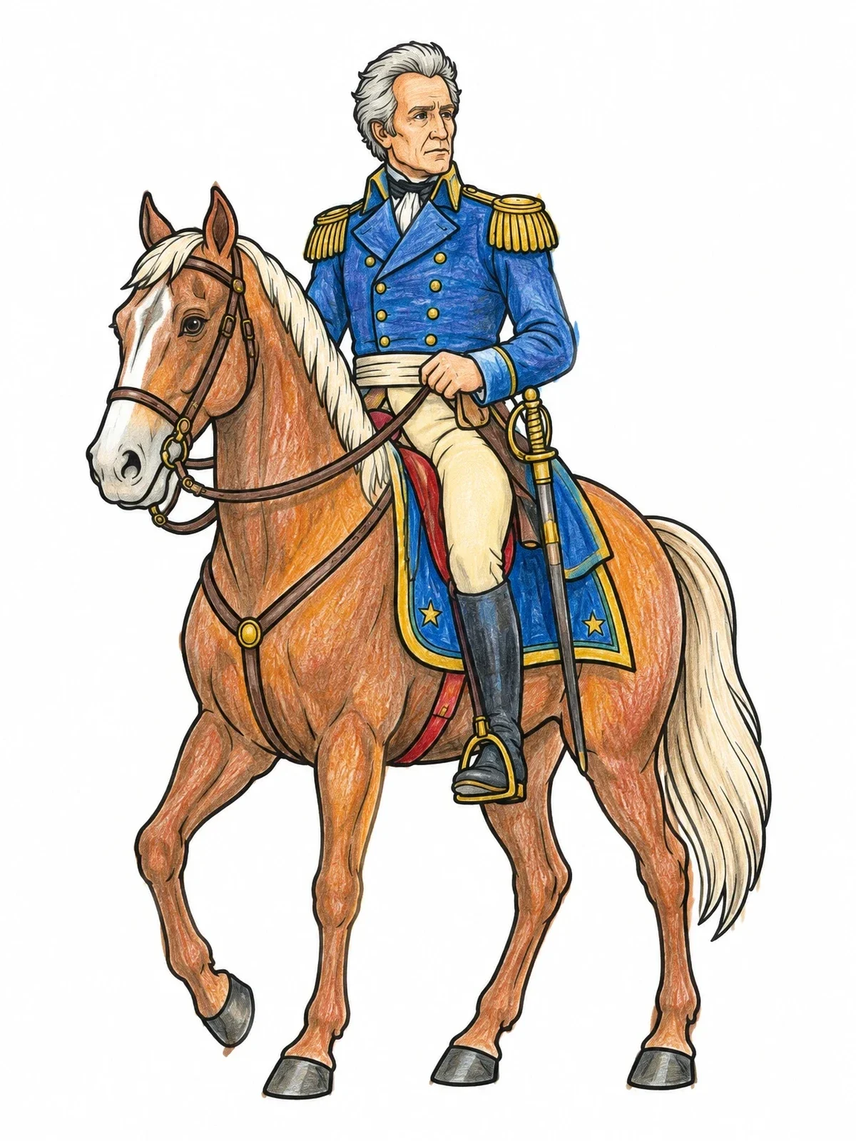 Colored example of the General Andrew Jackson On Horseback coloring page