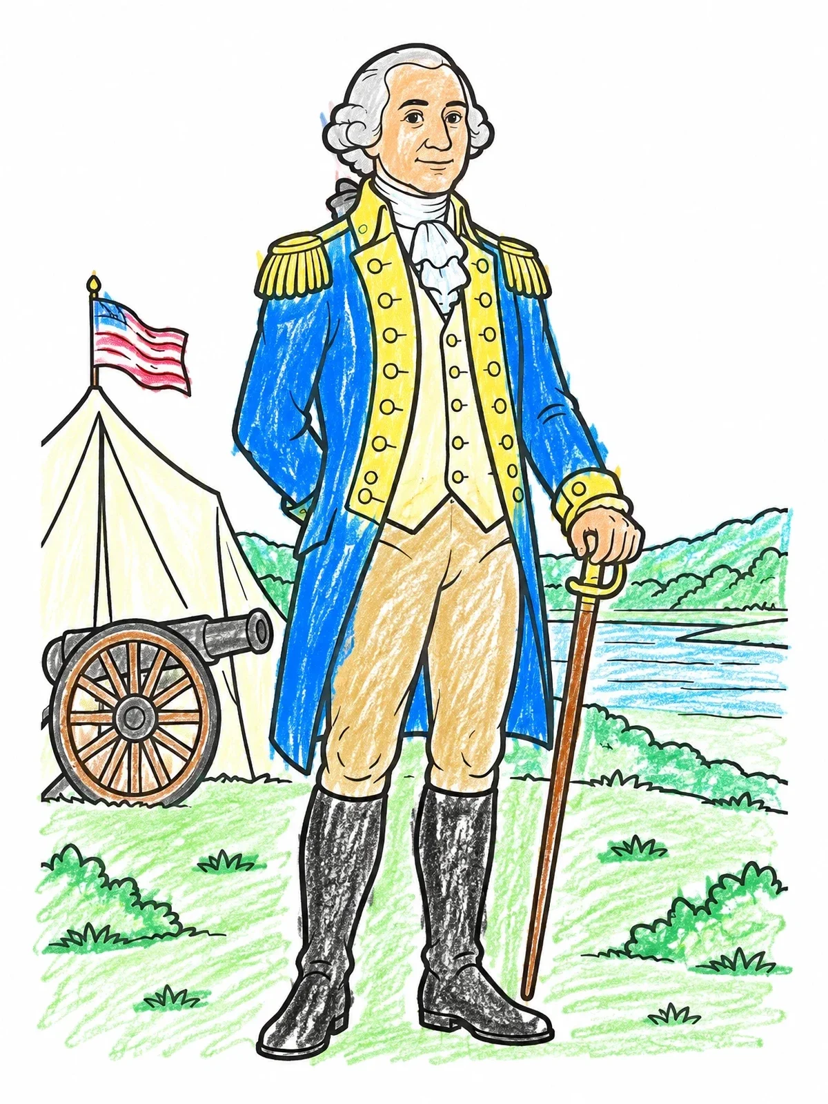 Colored example of the General George Washington At Camp coloring page