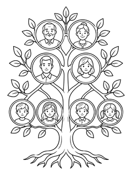 A decorative family coloring page featuring portrait frames of three generations in a tree.
