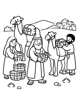 Free printable Abraham And Family Loading Camels coloring page