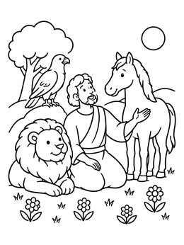 Free printable Adam With Animals In Eden coloring page