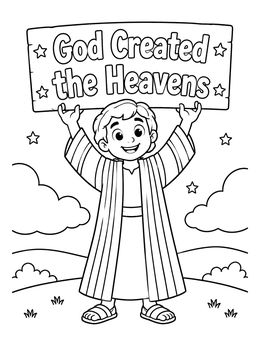 Free printable Boy Holding God Created The Heavens Sign coloring page