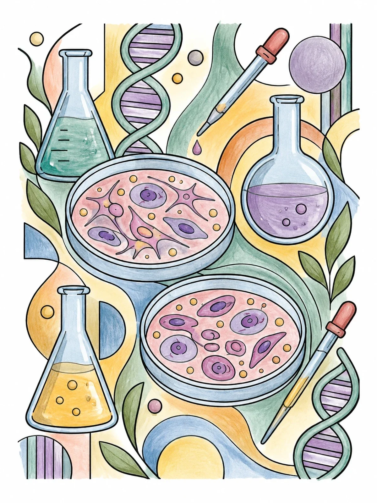 Colored example of the Laboratory Petri Dishes And Dna Strands coloring page